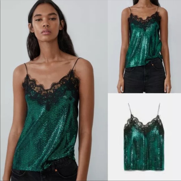 Zara Tops - Zara Metallic Green Lace Trim Cami Tank
